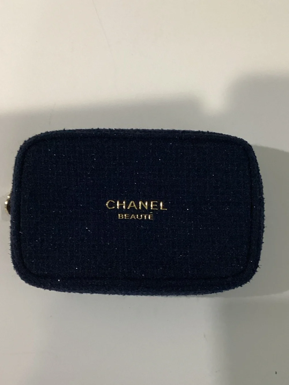 CHANEL Navy Blue Tweed Beaute cosmetic bag with Gold Logo